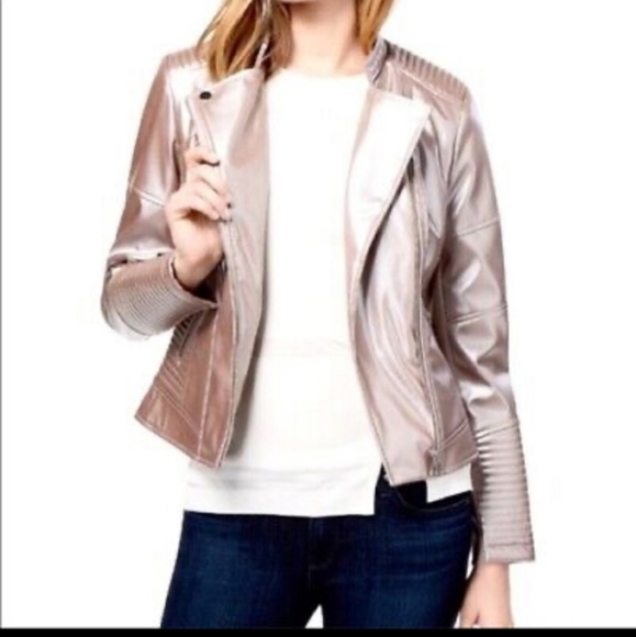 Bar III Jackets & Blazers - BAR III| Womens blush pink metallic moto jacket, vegan leather| size small